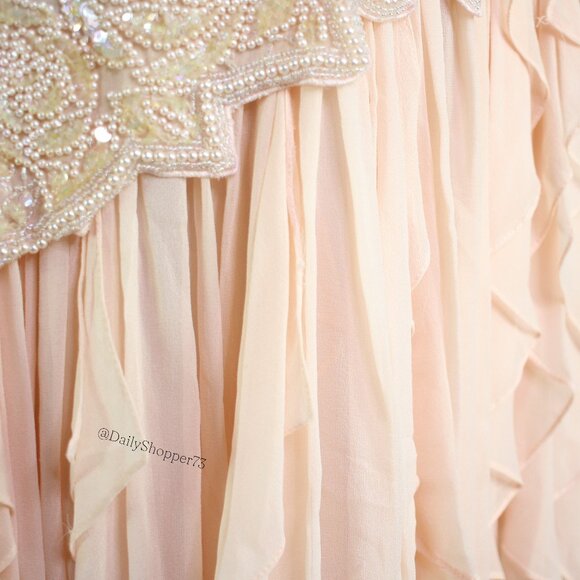 Handmade Women's Pastel Pink Sequin & Bead Satin Chiffon Handkerchief Hem Dress - Picture 4 of 10